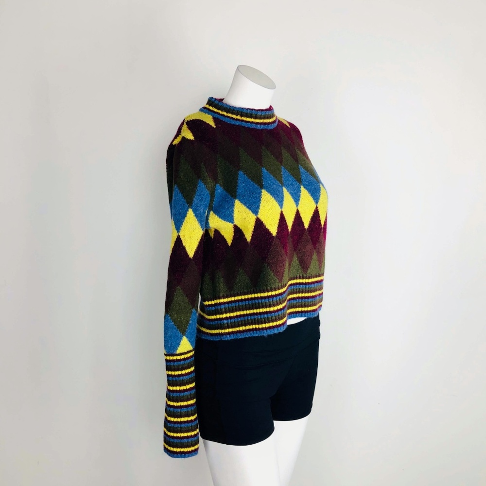 Zara Argyle Diamond Print Knit Sweater Long Slv - Picture 7 of 8